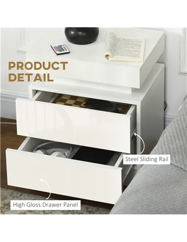 HOMCOM Set of 2 White Bedside Tables with LED Lights, High Gloss Front Nightstands with 4 Drawers