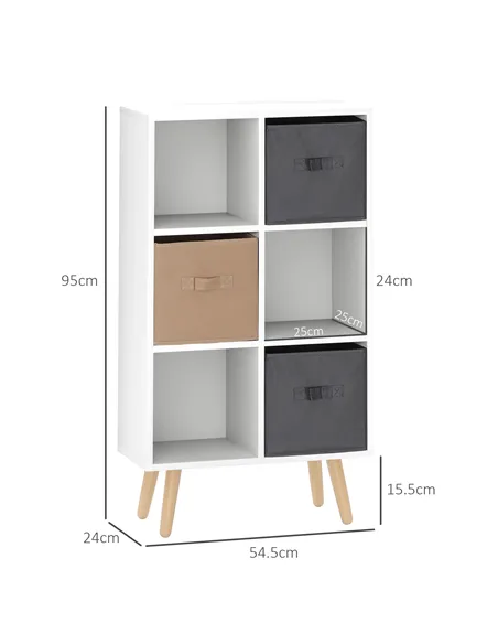 HOMCOM Freestanding 6 Cube Unit Cabinet Unit w/ 3 Fabric Drawers Handles Home Office Storage Shelves White