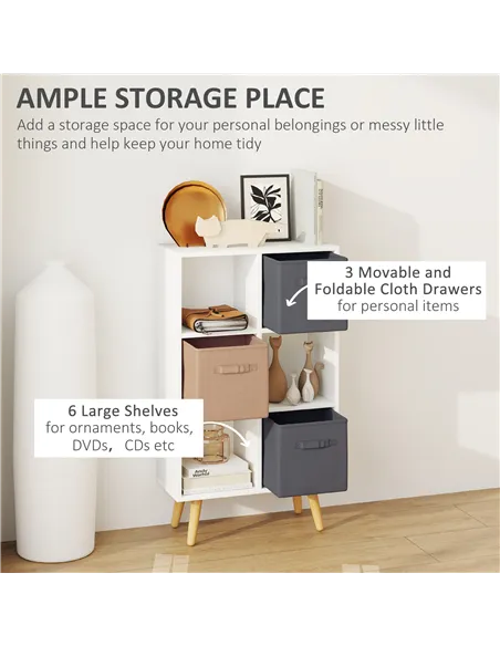 HOMCOM Freestanding 6 Cube Unit Cabinet Unit w/ 3 Fabric Drawers Handles Home Office Storage Shelves White