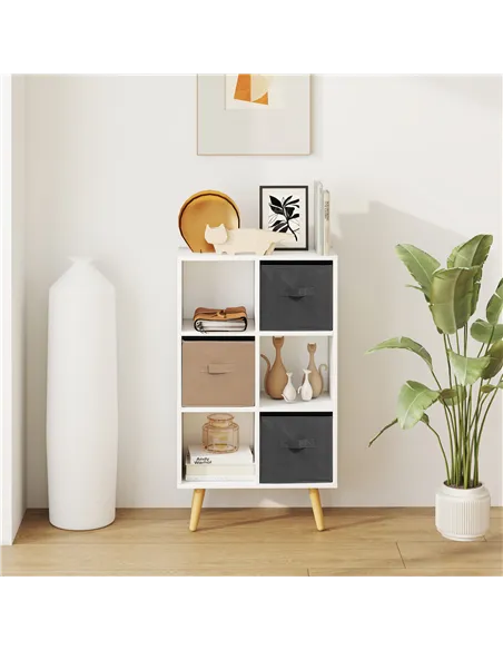 HOMCOM Freestanding 6 Cube Unit Cabinet Unit w/ 3 Fabric Drawers Handles Home Office Storage Shelves White