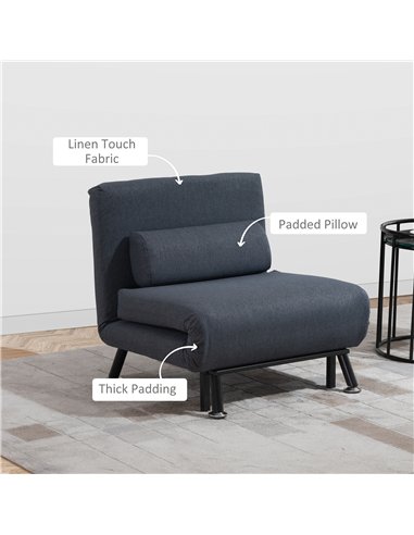 HOMCOM Linen Chair Bed, 3-in-1 Convertible Sleeper Chair with Adjustable Backrest, Pillow, for Living Room, Bedroom, Dark Grey