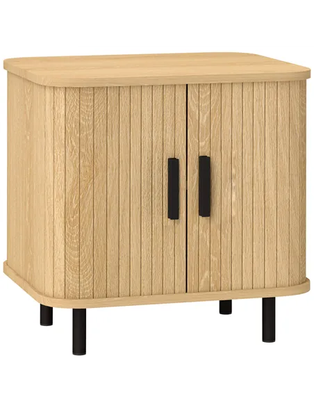 HOMCOM Bedside Table, Nordic Side Table with Roller Shutter Style Sliding Doors and Metal Legs for Bedroom, Living Room, Oak Ton