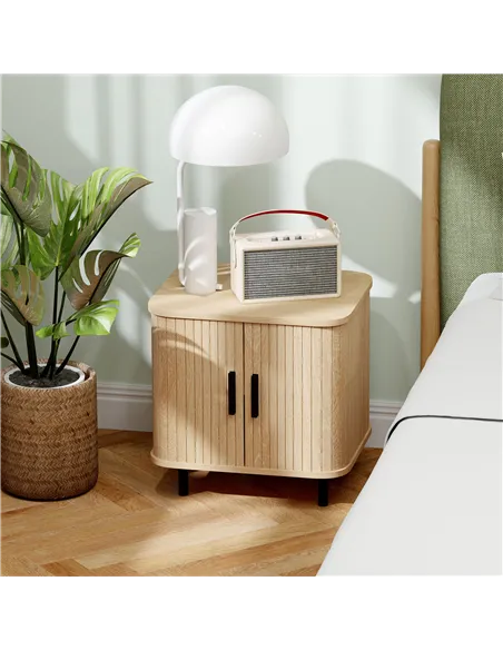 HOMCOM Bedside Table, Nordic Side Table with Roller Shutter Style Sliding Doors and Metal Legs for Bedroom, Living Room, Oak Ton