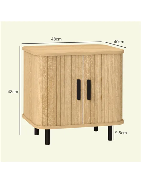 HOMCOM Bedside Table, Nordic Side Table with Roller Shutter Style Sliding Doors and Metal Legs for Bedroom, Living Room, Oak Ton