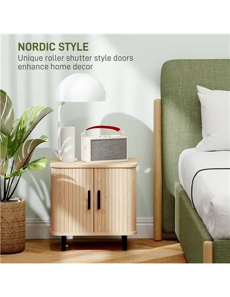 HOMCOM Bedside Table, Nordic Side Table with Roller Shutter Style Sliding Doors and Metal Legs for Bedroom, Living Room, Oak Ton