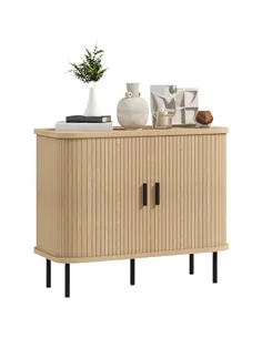 HOMCOM Mid-Century Modern Sideboard Storage Cabinet with Slatted Tambour Sliding Doors, Kitchen Cabinet with Steel Legs, Oak Ton