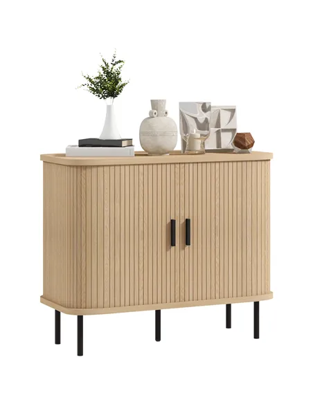 HOMCOM Mid-Century Modern Sideboard Storage Cabinet with Slatted Tambour Sliding Doors, Kitchen Cabinet with Steel Legs, Oak Ton