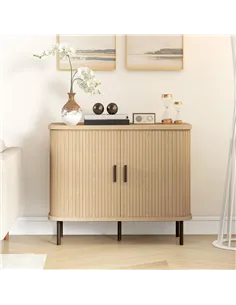 HOMCOM Mid-Century Modern Sideboard Storage Cabinet with Slatted Tambour Sliding Doors, Kitchen Cabinet with Steel Legs, Oak Ton 2