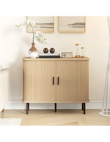 HOMCOM Mid-Century Modern Sideboard Storage Cabinet with Slatted Tambour Sliding Doors, Kitchen Cabinet with Steel Legs, Oak Ton