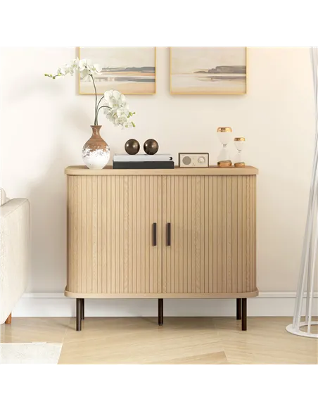 HOMCOM Mid-Century Modern Sideboard Storage Cabinet with Slatted Tambour Sliding Doors, Kitchen Cabinet with Steel Legs, Oak Ton