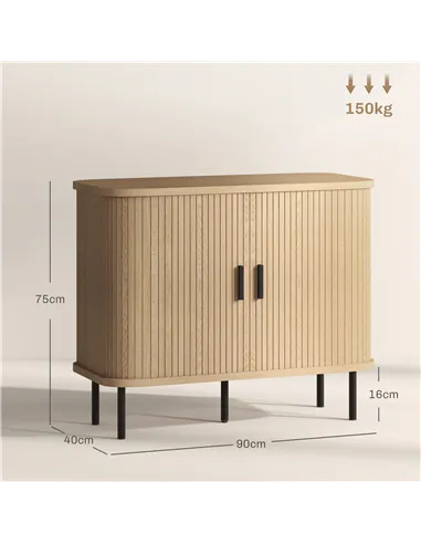 HOMCOM Mid-Century Modern Sideboard Storage Cabinet with Slatted Tambour Sliding Doors, Kitchen Cabinet with Steel Legs, Oak Ton