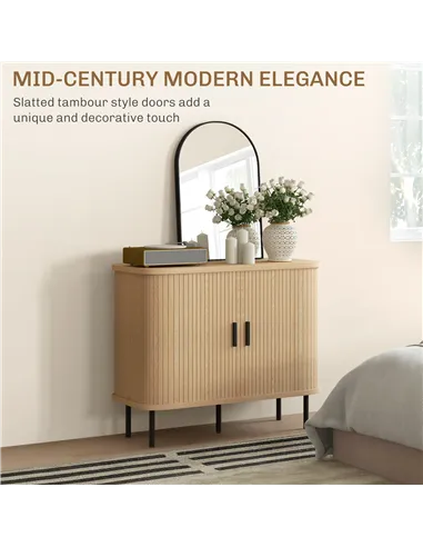 HOMCOM Mid-Century Modern Sideboard Storage Cabinet with Slatted Tambour Sliding Doors, Kitchen Cabinet with Steel Legs, Oak Ton