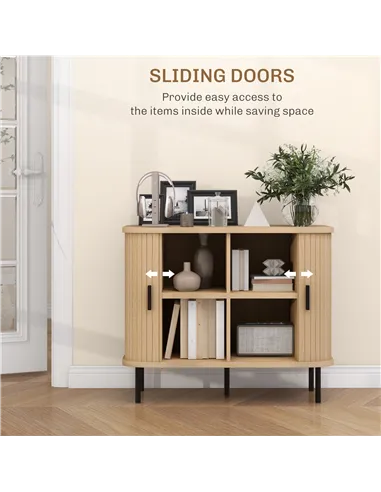 HOMCOM Mid-Century Modern Sideboard Storage Cabinet with Slatted Tambour Sliding Doors, Kitchen Cabinet with Steel Legs, Oak Ton