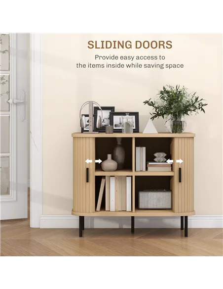 HOMCOM Mid-Century Modern Sideboard Storage Cabinet with Slatted Tambour Sliding Doors, Kitchen Cabinet with Steel Legs, Oak Ton