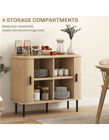 HOMCOM Mid-Century Modern Sideboard Storage Cabinet with Slatted Tambour Sliding Doors, Kitchen Cabinet with Steel Legs, Oak Ton