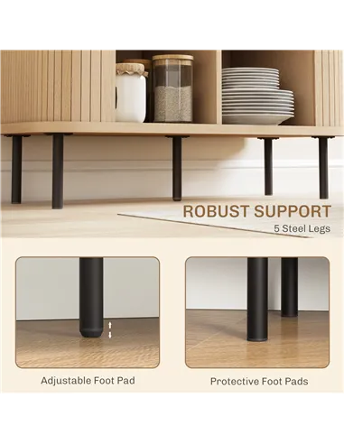 HOMCOM Mid-Century Modern Sideboard Storage Cabinet with Slatted Tambour Sliding Doors, Kitchen Cabinet with Steel Legs, Oak Ton