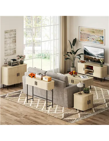 HOMCOM Mid-Century Modern Sideboard Storage Cabinet with Slatted Tambour Sliding Doors, Kitchen Cabinet with Steel Legs, Oak Ton