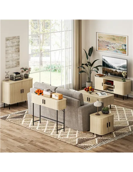 HOMCOM Mid-Century Modern Sideboard Storage Cabinet with Slatted Tambour Sliding Doors, Kitchen Cabinet with Steel Legs, Oak Ton