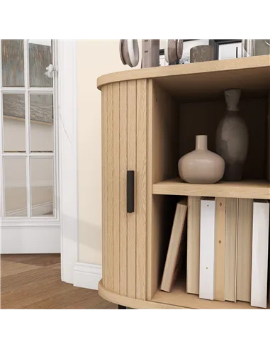 HOMCOM Mid-Century Modern Sideboard Storage Cabinet with Slatted Tambour Sliding Doors, Kitchen Cabinet with Steel Legs, Oak Ton