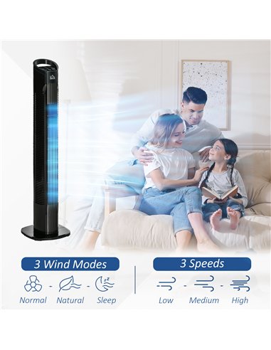 HOMCOM 31" Freestanding Tower Fan, 3 Speed 3 Mode, 7.5H Timer, Oscillating, LED Panel, Remote Control, 31 Inch Standing Fan, Bla