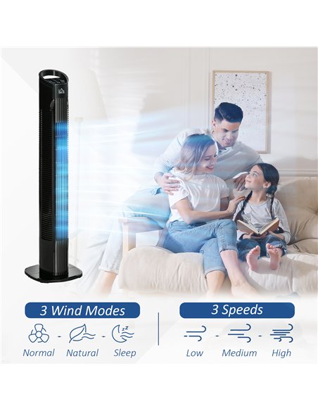 HOMCOM 31" Freestanding Tower Fan, 3 Speed 3 Mode, 7.5H Timer, Oscillating, LED Panel, Remote Control, 31 Inch Standing Fan, Bla