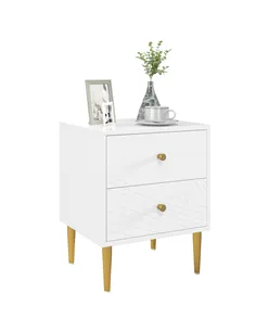 HOMCOM Elegant Two-Drawer Bedside Table - White/Gold-Tone