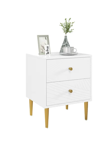 HOMCOM Elegant Two-Drawer Bedside Table - White/Gold-Tone