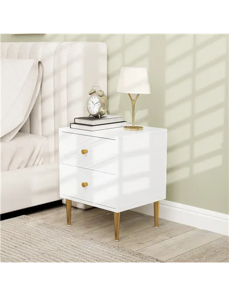 HOMCOM Elegant Two-Drawer Bedside Table - White/Gold-Tone