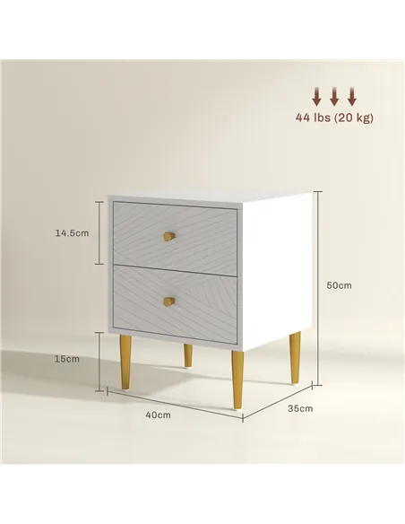 HOMCOM Elegant Two-Drawer Bedside Table - White/Gold-Tone