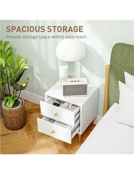 HOMCOM Elegant Two-Drawer Bedside Table - White/Gold-Tone