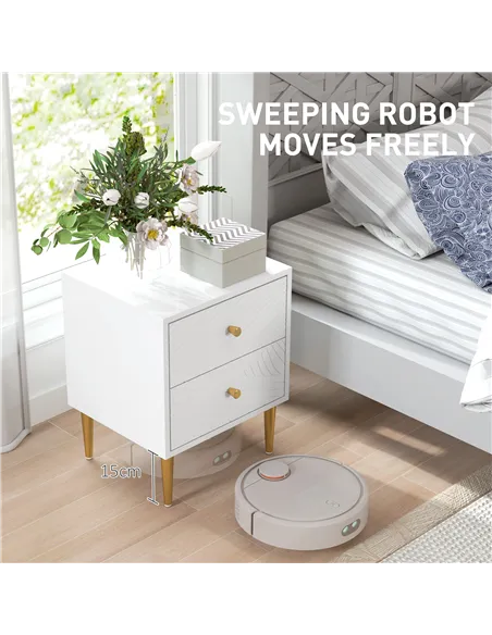 HOMCOM Elegant Two-Drawer Bedside Table - White/Gold-Tone