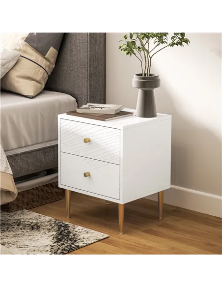 HOMCOM Elegant Two-Drawer Bedside Table - White/Gold-Tone