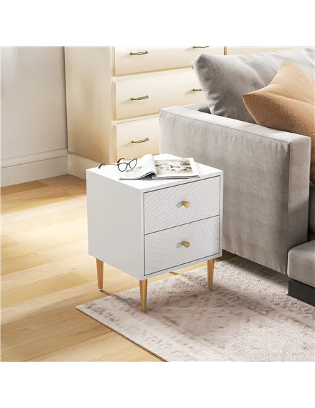 HOMCOM Elegant Two-Drawer Bedside Table - White/Gold-Tone