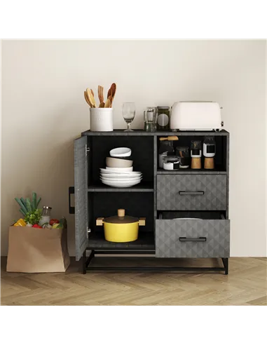 HOMCOM Sideboard with Adjustable Shelf, Freestanding Sideboard Storage Cabinet with Open Compartment and 2 Drawers, Grey