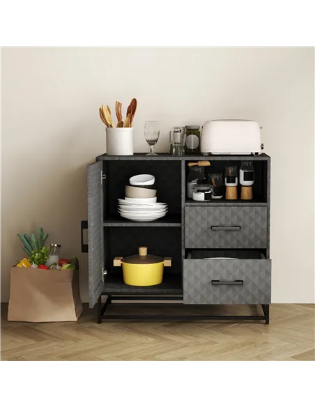 HOMCOM Sideboard with Adjustable Shelf, Freestanding Sideboard Storage Cabinet with Open Compartment and 2 Drawers, Grey