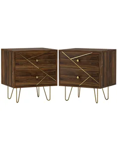 HOMCOM Bedside Tables Set of 2, Modern Side Table Set with 2 Drawers and Steel Hairpin Legs, Nightstand for Bedroom, Brown Wood 