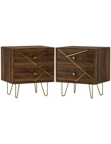 HOMCOM Bedside Tables Set of 2, Modern Side Table Set with 2 Drawers and Steel Hairpin Legs, Nightstand for Bedroom, Brown Wood 