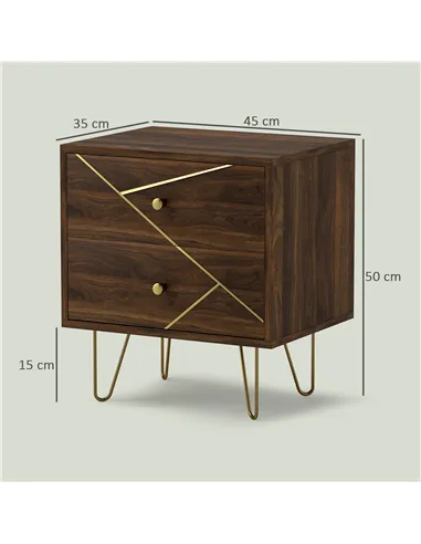 HOMCOM Bedside Tables Set of 2, Modern Side Table Set with 2 Drawers and Steel Hairpin Legs, Nightstand for Bedroom, Brown Wood 