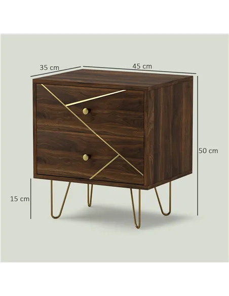 HOMCOM Bedside Tables Set of 2, Modern Side Table Set with 2 Drawers and Steel Hairpin Legs, Nightstand for Bedroom, Brown Wood 