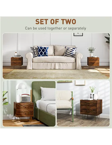 HOMCOM Bedside Tables Set of 2, Modern Side Table Set with 2 Drawers and Steel Hairpin Legs, Nightstand for Bedroom, Brown Wood 