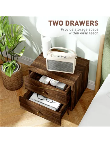 HOMCOM Bedside Tables Set of 2, Modern Side Table Set with 2 Drawers and Steel Hairpin Legs, Nightstand for Bedroom, Brown Wood 