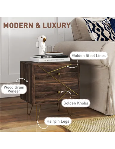 HOMCOM Bedside Tables Set of 2, Modern Side Table Set with 2 Drawers and Steel Hairpin Legs, Nightstand for Bedroom, Brown Wood 