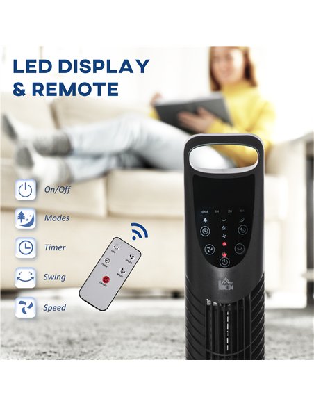 HOMCOM 36'' Freestanding Tower Fan, 3 Speed 3 Mode, 7.5h Timer, 70 Degree Oscillation, LED Panel, 5M Remote Controller, Black
