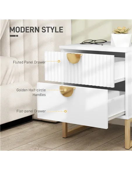 HOMCOM Elegant Two-Drawer Bedside Table - White