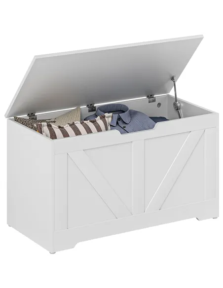 HOMCOM 100L Home Storage Box, with Safety Hinges - White Wood-Effect