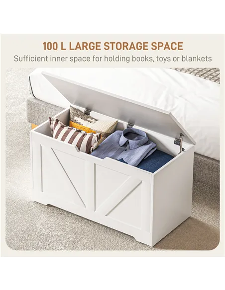 HOMCOM 100L Home Storage Box, with Safety Hinges - White Wood-Effect