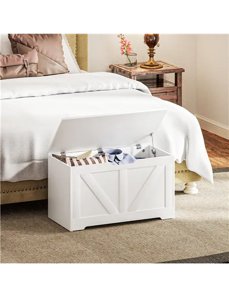 HOMCOM 100L Home Storage Box, with Safety Hinges - White Wood-Effect