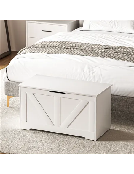 HOMCOM 100L Home Storage Box, with Safety Hinges - White Wood-Effect