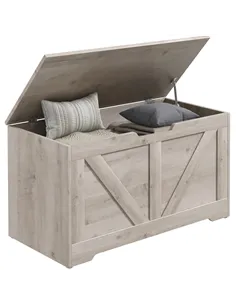 HOMCOM 100L Home Storage Box, with Safety Hinges - Grey Wood-Effect