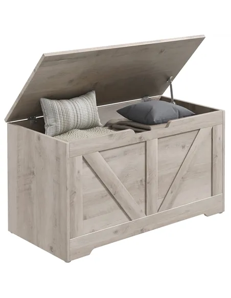 HOMCOM 100L Home Storage Box, with Safety Hinges - Grey Wood-Effect